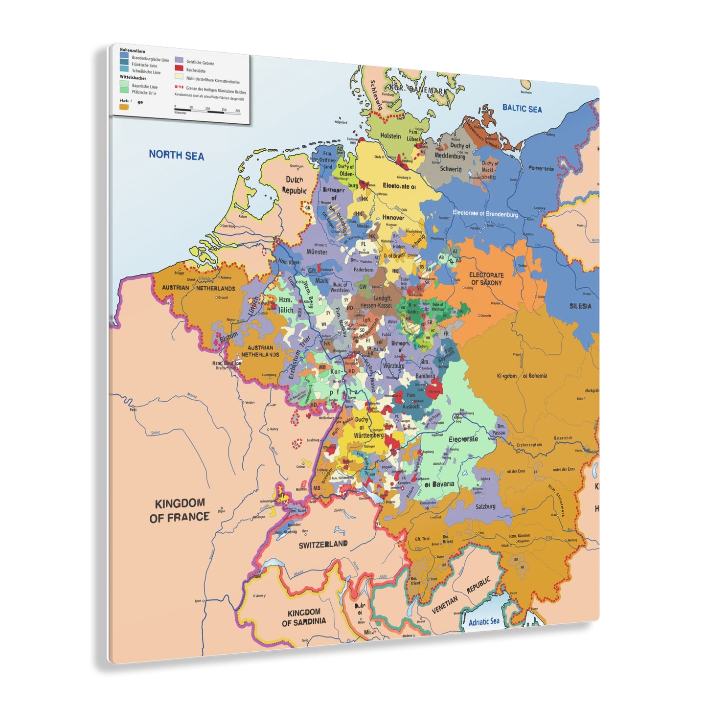 Carte du Saint-Empire en 1789 Impression acrylique - Ornement mural en acrylique antique - Décoration d'intérieur médiévale - Cadre acrylique historique