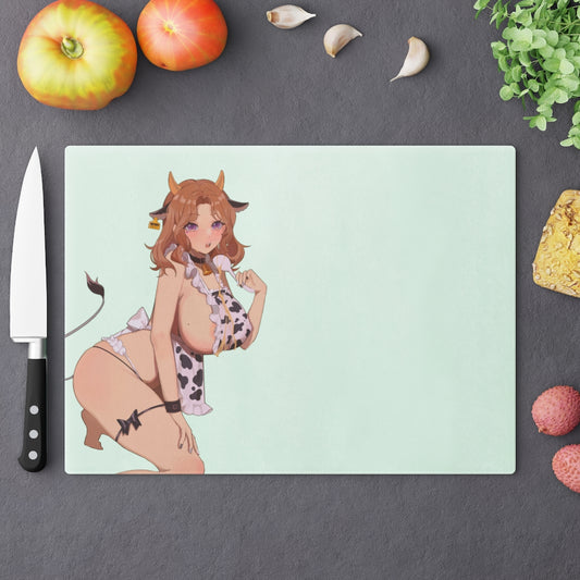 Glass Cutting Board - Charcuterie and Cheese Board - Cow Girl Sexy Apron Big Anime Boobs