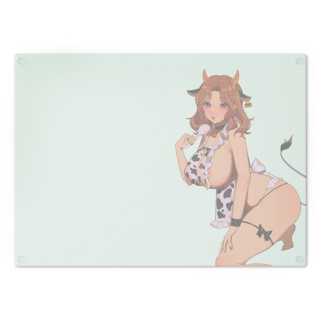Glass Cutting Board - Charcuterie and Cheese Board - Cow Girl Sexy Apron Big Anime Boobs
