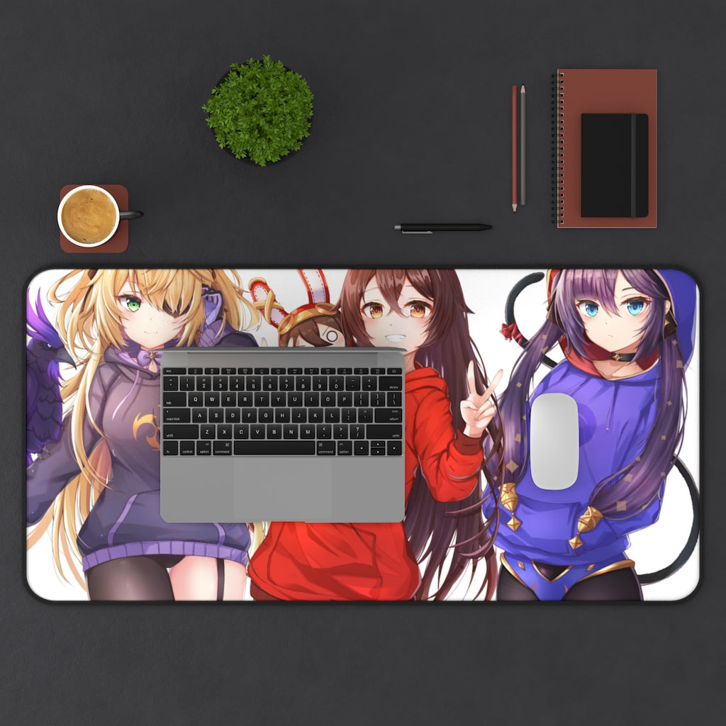 Genshin Impact Sexy Mousepad - Kawaii Fischl, Amber And Mona Gaming Desk Mat - Ecchi Playmat