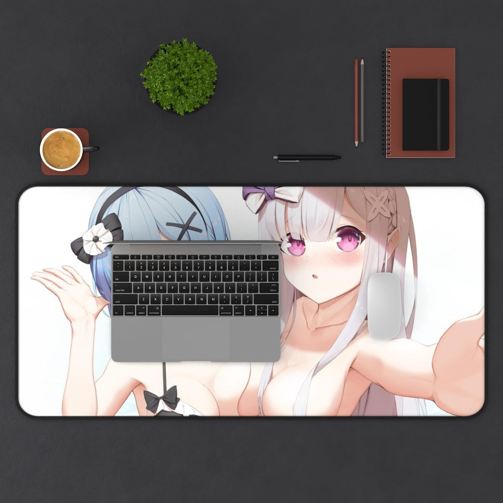 Re Zero Sexy Mousepad - Rem And Emilia Big Boobs Waifus Ecchi Desk Mat - Anime Isekai Playmat